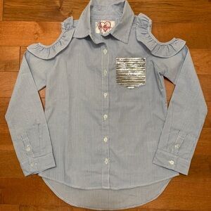 Blue & white striped button down w/ cold shoulder